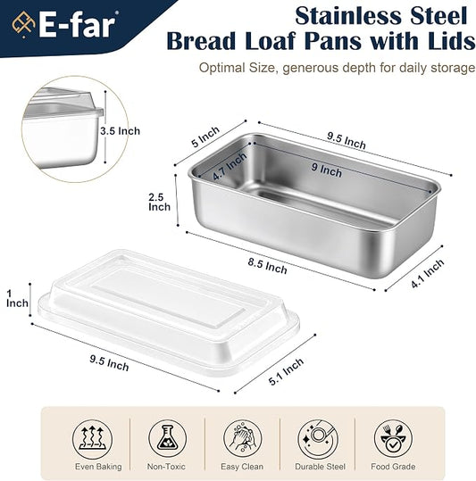 E-far Loaf Pan with Lid, 9 x 5 Inch Stainless Steel Bread Pan for Homemade Bread, Rectangle Baking Tin for Sourdough, Meatloaf, Banana Cake, Nontoxic & Dishwasher Safe