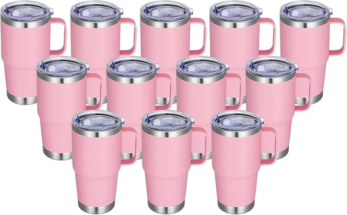 20 oz Stainless Steel Tumbler with Handle Bulk Metal Insulated Tumblers Travel Coffee Mug with Handle Double Wall Tumbler Cup with Lid and Straw, Pink 12 Pack