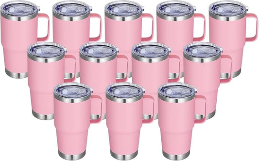 20 oz Stainless Steel Tumbler with Handle Bulk Metal Insulated Tumblers Travel Coffee Mug with Handle Double Wall Tumbler Cup with Lid and Straw, Pink 12 Pack