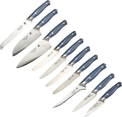 Restaurantware Sensei 10-Piece Knife Set 1 Sharp Professional Knife Set For Chefs - Damascus Steel 67 Layers Blue German Steel Steel Knife Set Ergonomic Handle For Multi Purpose Kitchen Use