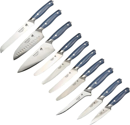 Restaurantware Sensei 10-Piece Knife Set 1 Sharp Professional Knife Set For Chefs - Damascus Steel 67 Layers Blue German Steel Steel Knife Set Ergonomic Handle For Multi Purpose Kitchen Use