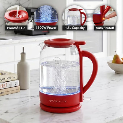 OVENTE Electric Kettle with 1.5L Borosilicate Glass, 1500W Fast Boiling Water Heater for Coffee or Tea, Easy to Fill Lid, Auto Shut-Off, Boil-Dry Protection & Stainless Steel Filter, Red KG516R