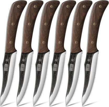 HOSHANHO Steak Knives Set of 6, Ultra Sharp 4.5 Inch Non Serrated Steak Knife Set, Hand Forged High Carbon Steel Dinner Steak Knives with Full Tang Wood Handle