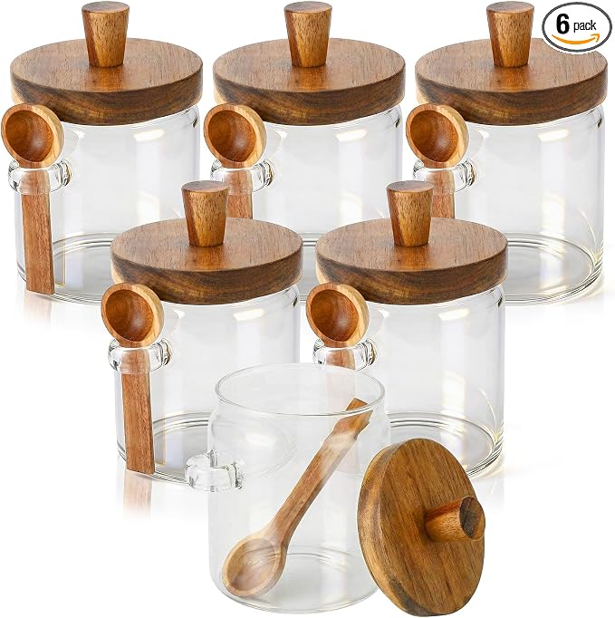 Remerry Set of 6 Glass Jar with Wooden Lid and Spoon, 13.5 oz Coffee Bean Tea Sugar Jar Set, Clear Airtight Spice Canisters Glass Food Storage Kitchen Containers for Coffee Bean Tea Sugar