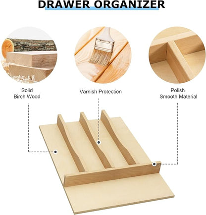 WelFurGeer Solid Birch Wood Silverware Drawer Organizer, Wooden Cutlery Drawer Organizer, Utensil Tray for Kitchen Drawers, Kitchen Utensil Organizer for Silverware, Flatware, Spoons, Forks, Knives