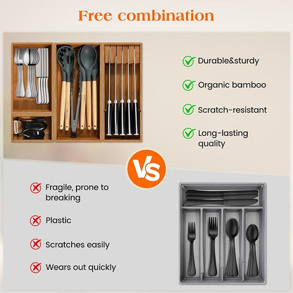 Piklohas Carbonized Bamboo Kitchen Silverwar Drawer Organizer,14.2 inch Length Natural Utensil Flatware Organizers Tray Storage for Spoons Forks & Knives