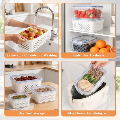 3PC-4 in 1 Food Storage Container, Fruit Storage Containers for Fridge, Produce Storage Containers with Lid and Strainer, Including Drain Basket, Multipurpose Large Fruit Containers for Fridge (White)