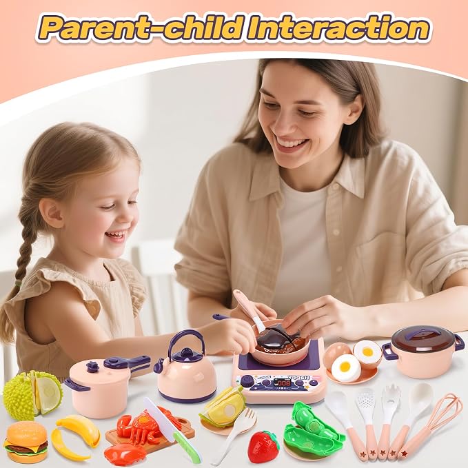 CUTE STONE Kids Kitchen Accessories, Toy Pots & Pans Set with Sound & Light Induction Cooktop, Cuttable & Peelable Play Food, Play Cookware, Educational Role Play Gift for Toddlers & Kids Ages 3+