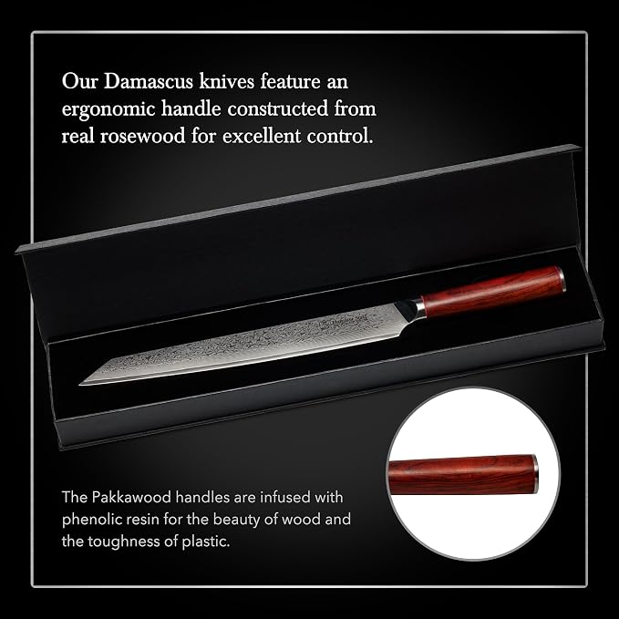 Hammer Stahl 10 Inch Damascus Slicer | Meat Cutting & BBQ Knife With Rosewood Handle | Carving Japanese Forged 67-Layer AUS10 Steel | Full-Tang Japanese Style Slicing With Gift Box