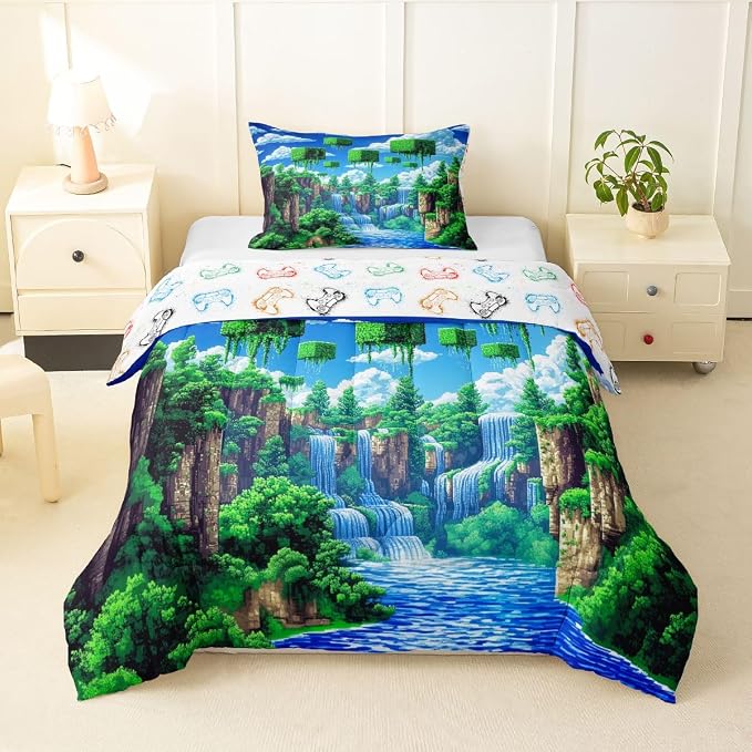 Manfei Pixelated Games Comforter Set -Cartoon Gamepad Comforter Twin Size Block Building Gaming Bedding Set for Kids Teens Bedroom Decor Fashion Modern Quilt Duvet,2 Pcs with 1 Pillowcase