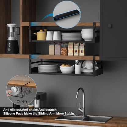 AmonHouseware 2Pack Under Shelf Basket Organizer, Adjustable Under Cabinet Shelf Storage, Hanging Holder Length Stretchable 13-21Inch for Kitchen Pantry Desk Counter Bookshelf Cupboard (Black)