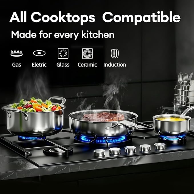 COOKER KING Non Stick Pots and Pans Set, 10pcs Hybrid Stainless Steel Cookware Set, Frying Pans, Saucepans, Saute Pan & Stock Pot, Non Toxic, Oven & Dishwasher Safe, Induction & All Cooktop Compatible