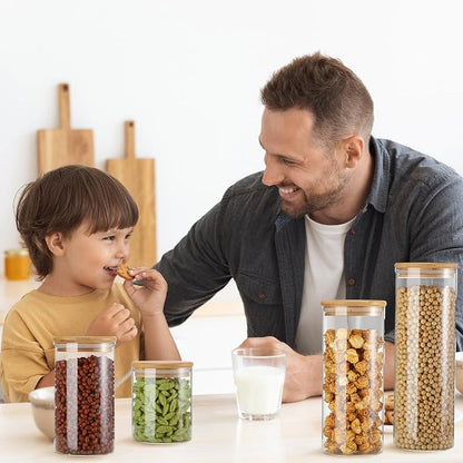 Qinyoung Glass Storage Jars with Wooden Lids, 4 Sizes Food Storage Containers Clear Stackable Canisters Airtight Glass Jars for Candy Cookie (Clear, Light Brown, 15oz 25oz 34oz 42oz, 24 Pcs)