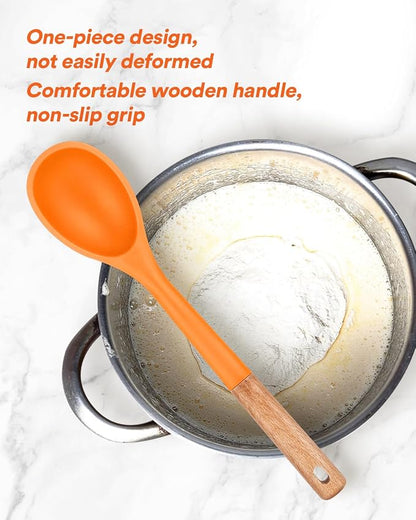 Large Silicone Cooking Spoons, Nonstick Solid Wooden Handle Spoon, Heat Resistan Silicone Kitchen Spoons for Cooking, Serving, Basting, Mixing, 13.2inch (ORANGE)