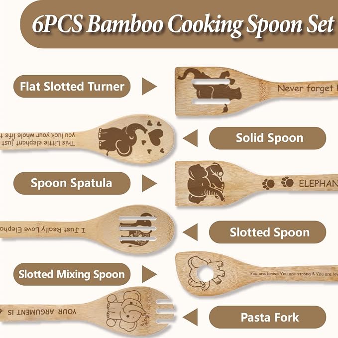 6Pcs 6 Styles Elephant Cooking Utensils for Kitchen 11.8 x 2.4 Inch Bamboo Kitchen Spoons Durable Wood Spoons Set for Housewarming Wedding Birthday Gift Farmhouse Apartment Accessories