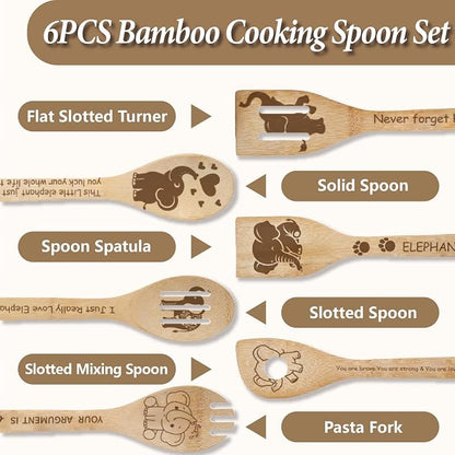 6Pcs 6 Styles Elephant Cooking Utensils for Kitchen 11.8 x 2.4 Inch Bamboo Kitchen Spoons Durable Wood Spoons Set for Housewarming Wedding Birthday Gift Farmhouse Apartment Accessories