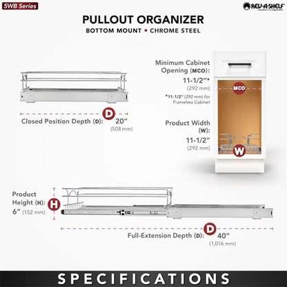 Rev-A-Shelf Steel Wire Pullout Drawer Organizer Shelf for Kitchen Cabinets, Slide Out Storage Basket, Min Opening Width of 11.5", 12" x 20", 5WB1-1220CR-1