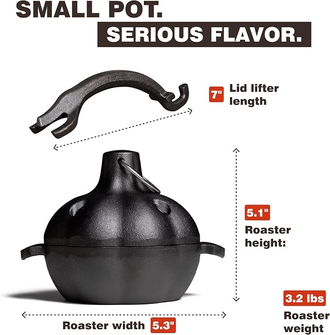 KUHA Cast Iron Garlic Roaster | Pre-Seasoned Small Cast Iron Cooker with Lid & Handle | Cookware for Smoker, Oven & Grill | Roast Garlic & Veggies | Lifter & Cleaning Brush Included | 5.3" Wide
