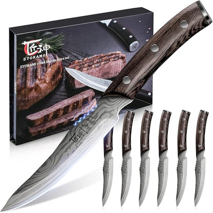SYOKAMI Steak Knives Set of 6, 4.8 Inch Carbon Steel Japanese Style Non-Serrated Meat Knife with Damascus Pattern, Ergonomic Full-Tang Non-Slip Wooden Handle, Housewarming Cooking Gifts