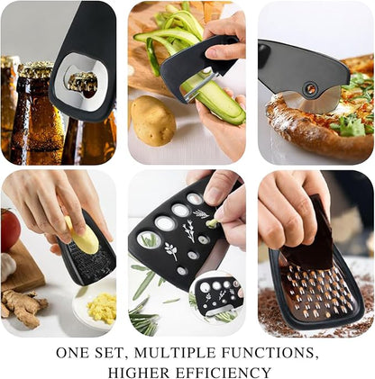 6-Piece Unique Kitchen Gadget Set in Black, Stackable Space-Saving Tools Including Grater, Peeler, Pizza Cutter, and Bottle Opener