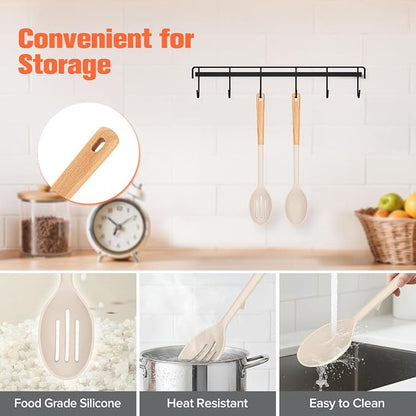 Large Silicone Slotted Spoon&Spoon with Wooden Handle for Nonstick Cookware,Kitchen Cooking Spoons for Mixing,Serving& Stirring,Heat-Resistant Utensils Spoon Set of 2,BPA Free (Khaki)