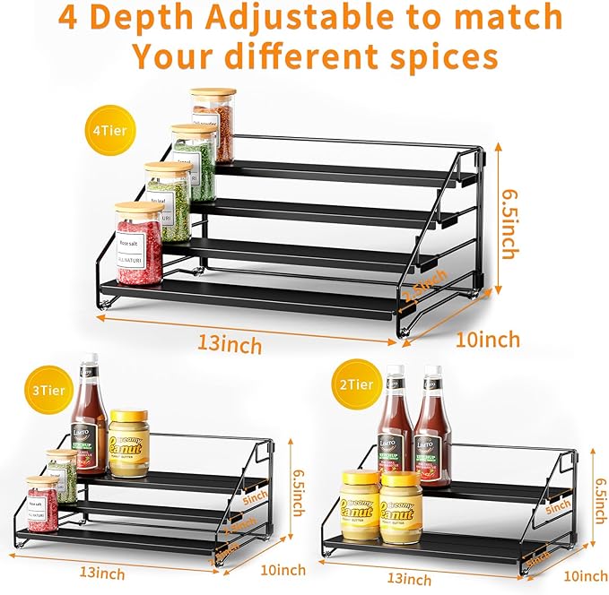 RCHYFEED Spice Rack Organizer for Cabinet Pantry,4 Tier Spice Rack Countertop, Depth Adjustable Spice Organization for Cabinet,Tierd Seasoning Organizer for Cabinet(Black, 1Pack) | for Cabinet Pantry