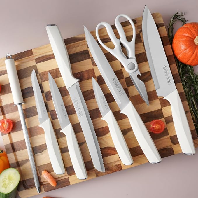 White Knife Set with Wood Block, 14-Piece Aesthetic Kitchen Knife Sets for Women,Non Rust Sharp Stainless Steel Knives With Sharpener,Gifts for Modern Kitchen Decor
