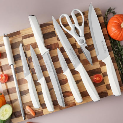 White Knife Set with Wood Block, 14-Piece Aesthetic Kitchen Knife Sets for Women,Non Rust Sharp Stainless Steel Knives With Sharpener,Gifts for Modern Kitchen Decor
