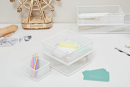 Annova Mesh Stackable Drawer Cabinet and Shelf Organizer Bins Storage Basket School Office Supply Holder Tray- Set of 2 (White, 6x6x2 Inch)