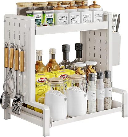 INGIORDAR Spice Rack 2 Tier Metal Standing Kitchen Seasoning Storage Shelf with Hanging Basket Pull Out Countertop Organizer for Counter, Cabinet, Pantry, Bathroom, Bedroom (White)