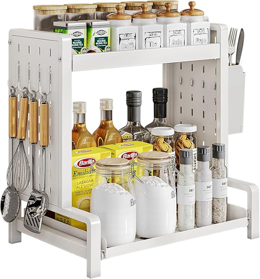 INGIORDAR Spice Rack 2 Tier Metal Standing Kitchen Seasoning Storage Shelf with Hanging Basket Pull Out Countertop Organizer for Counter, Cabinet, Pantry, Bathroom, Bedroom (White)