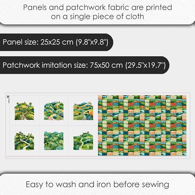 Patchwork Green Hills Cotton Fabric Panel – 6 Designs (10×10 inch Each) + Bonus Sheet 29.5×19.6 inch, 100% Cotton 140 GSM, Made in Türkiye