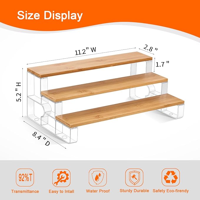 junyuan Spice Rack Organizer for Cabinet,3 Tier Spice Organization for Kitchen,Bathroom Organizers and Storage,Seasoning Countertop Shelf,Bamboo Display Shelves Racks,Clear 11.2"