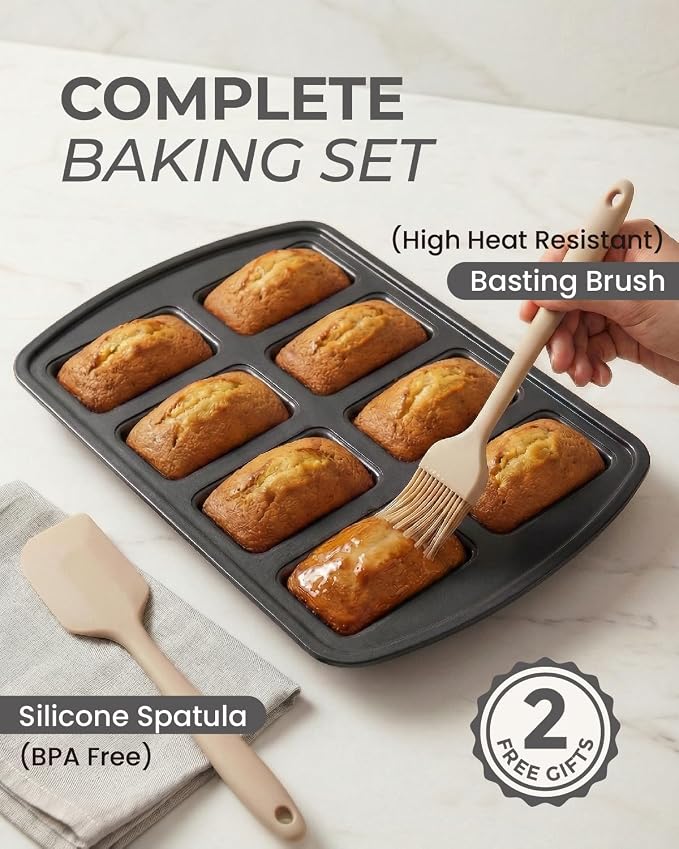 CARTMAN 2-Pack 8-Cavity Mini Loaf Pans Set with Spatula & Brush – 15.5” x 10” Nonstick Carbon Steel Small Bread Pan for Banana Bread, Meatloaf & Keto Snacks Classic Black