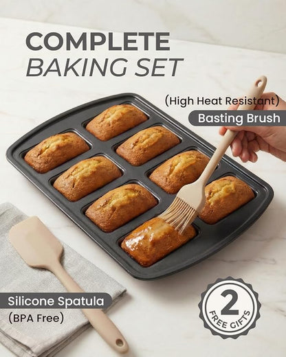 CARTMAN 2-Pack 8-Cavity Mini Loaf Pans Set with Spatula & Brush – 15.5” x 10” Nonstick Carbon Steel Small Bread Pan for Banana Bread, Meatloaf & Keto Snacks Classic Black