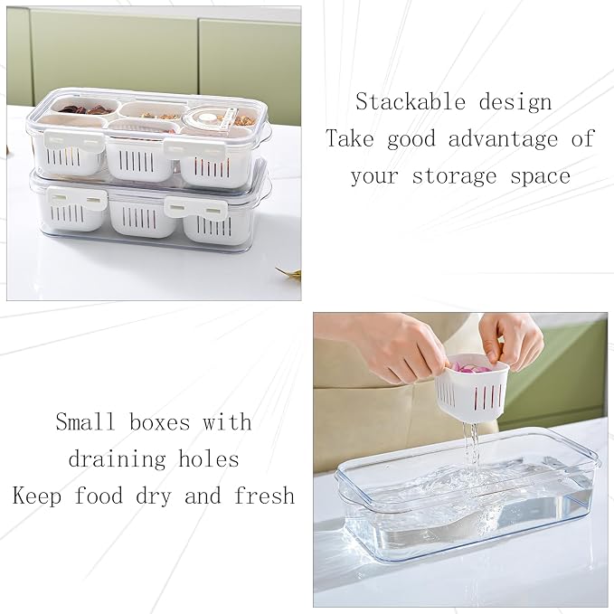Divided Food Serving Tray with Lids Stackable Snackle Box for Candy Nuts Spice Fruit&Veggie Container with 6 Small Dividers Plastic Storage Bins for Fridge Pantry Freezer