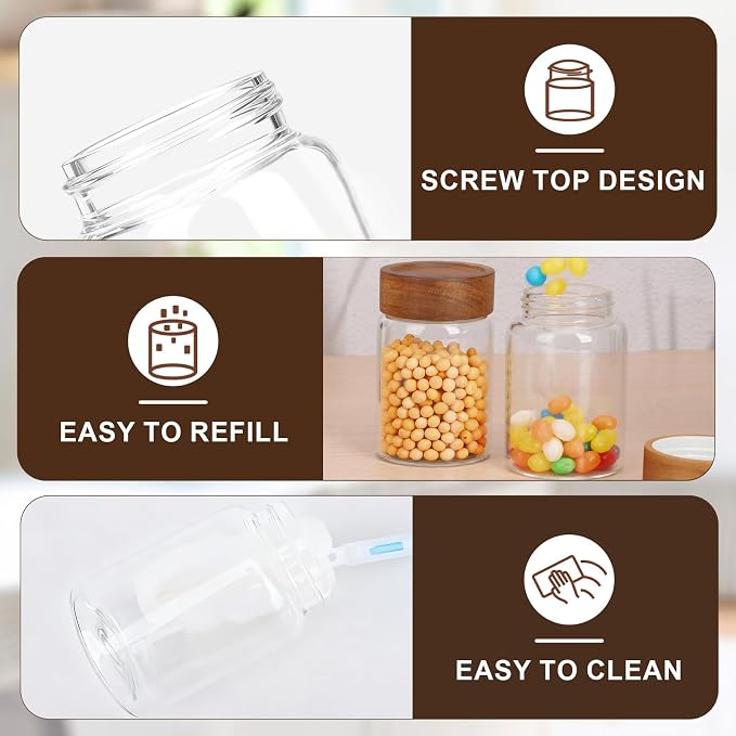 Coffee Jar with Wood Lid, 2 Pack 7oz 220ml Glass Canister with Wooden Airtight Lids, Empty Food Storage Containers, Screw Top Glass Mason Jars for Spice, Sugar, Tea, Oatmeal, Salad, Beans, Nuts
