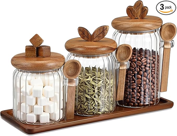 Suclain 3 Pcs Glass Coffee Container with Acacia Wood Lid & Spoon, 25oz, 20.3oz, 15oz Airtight Glass Jar with Wooden Shelf, Food Storage Containers Coffee Jar Tea Container(Acacia Color)