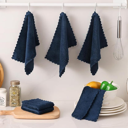 Kitinjoy 24 Pack Kitchen Cloths Dish Towels (7" x 9", Navy Blue), Super Soft and Absorbent Dish Cloths, Nonstick Oil Fast Drying Coral Velvet Microfiber Cleaning