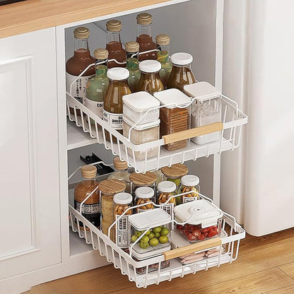 2 Pack No Drill Pull Out Cabinet Organizer, Premium Carbon Steel Slide-Out Drawers with Strong Nano Adhesive, Under Cabinet Storage for Kitchen, Pantry, Bathroom, White