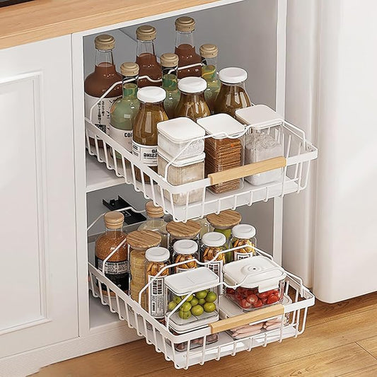 2 Pack No Drill Pull Out Cabinet Organizer, Premium Carbon Steel Slide-Out Drawers with Strong Nano Adhesive, Under Cabinet Storage for Kitchen, Pantry, Bathroom, White