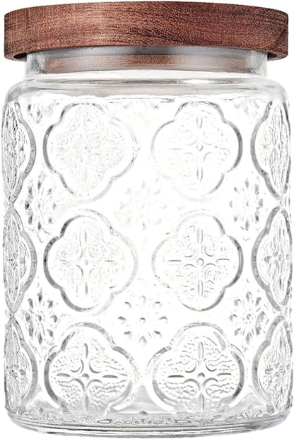 Custde Glass Storage Jars With Airtight Lid, 23.7oz Container For Kitchen Counter with Wooden Lid, brown sugar, candy, coffee, cookie, salt, tea, cute Jar (Begonia Flowers*1)