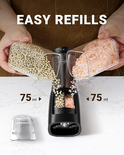 Sangcon 2-in-1 Electric Salt and Pepper Grinder, One Grinder for Two Seasonings, Automatic One-Handed Operation with Light, Adjustable Ceramic Mill, Refillable & Battery Powered