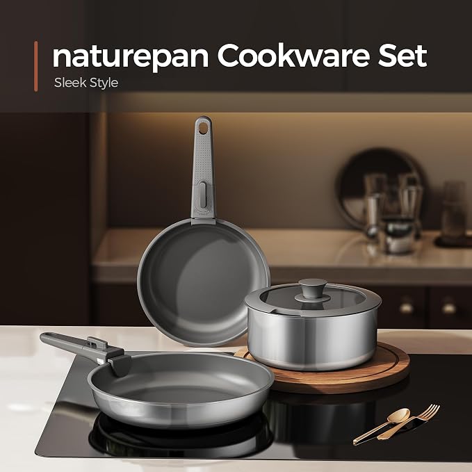 5PCS Pots and Pans Set Non Stick, Diamond-Titanium Ceramic Cookware Set & 3 Layer Stainless Steel with Detachable Handle, Induction Cookware, Non Toxic Oven/Dishwasher Safe, Gray