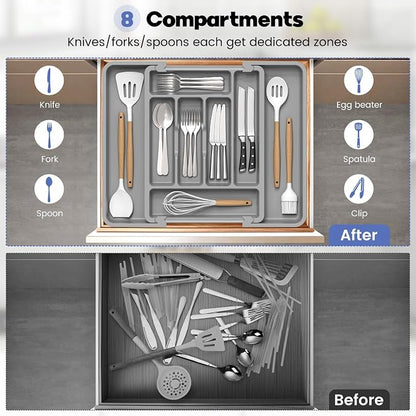 Caperci Large Silverware Organizer for Kitchen Drawer & Utensils - Expandable Drawer Organizer for Cutlery, Flatware & Gadget, BPA-Free Thick Plastic, Wider Compartments & Non-skid Feet (Medium Gray)