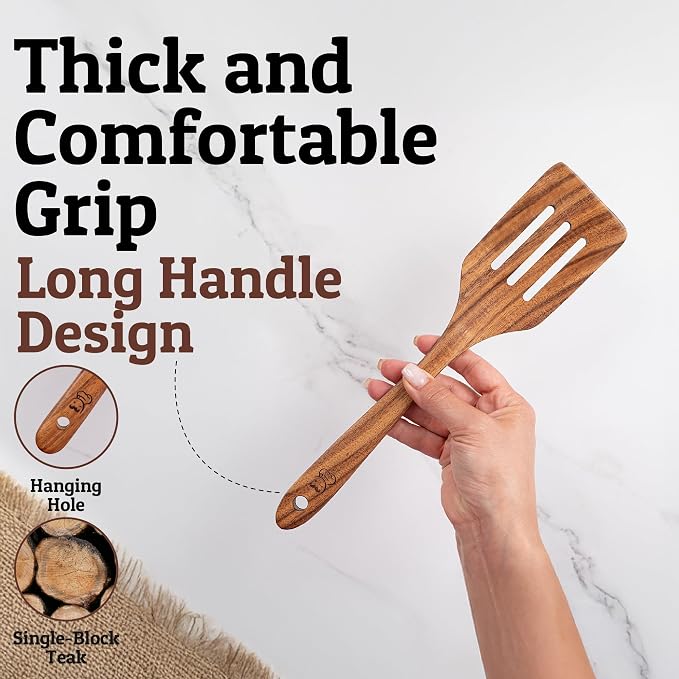 PriorityChef Teak Wooden Slotted Turner - Premium Wood Spatula for Cooking - Nonstick-Safe Kitchen Utensil - Handcrafted Wooden Turner for Flipping & Stirring