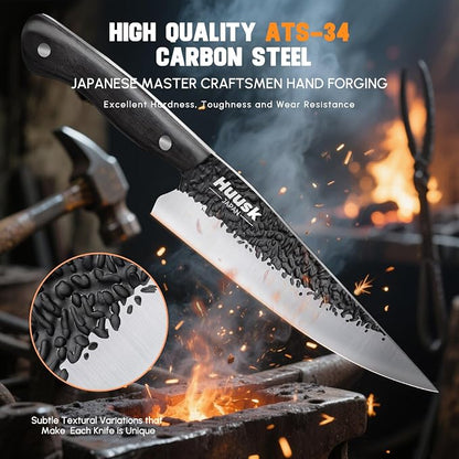 Huusk Chef Knife Japanese Kitchen - Hand Forged Viking Knife for Meat Cutting - Ideal Kitchen Knife Made From a Single Piece of High Carbon Steel Christmas Gift for Men and Women