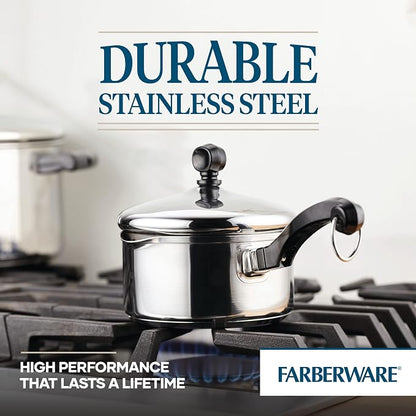 Farberware Classic Series Stainless Steel Straining Sauce Pan with Lid, 1-Quart Small Pot, Silver