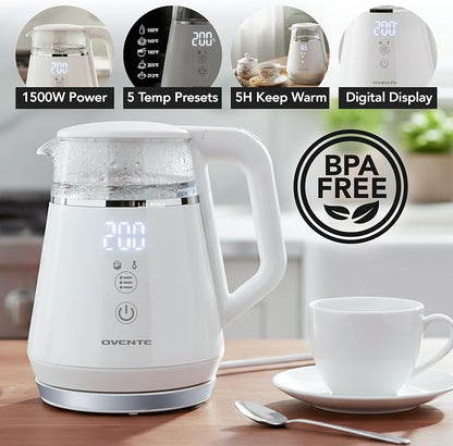 OVENTE 1L Small Electric Kettle with 5 Temperature Preset, Digital Display, 5Hr Keep Warm, Auto Shut-Off, Double-Wall Cool Touch Exterior, Borosilicate Glass,1500W BPA Free Water Boiler, White KD95W