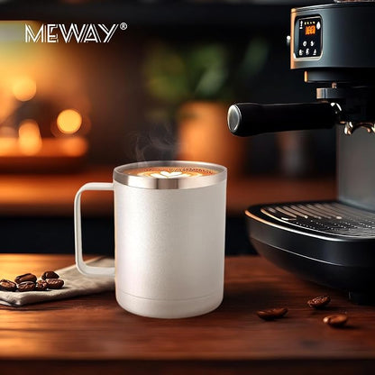 MEWAY 12oz Coffee Mug With Handle 2 Pack Bulk,Stainless Steel Insulated Travel Tumblers With Sliding Lid,Double Wall Vacuum Camping Cup for Hot & Cold Drinks Tea (White,Set of 2)